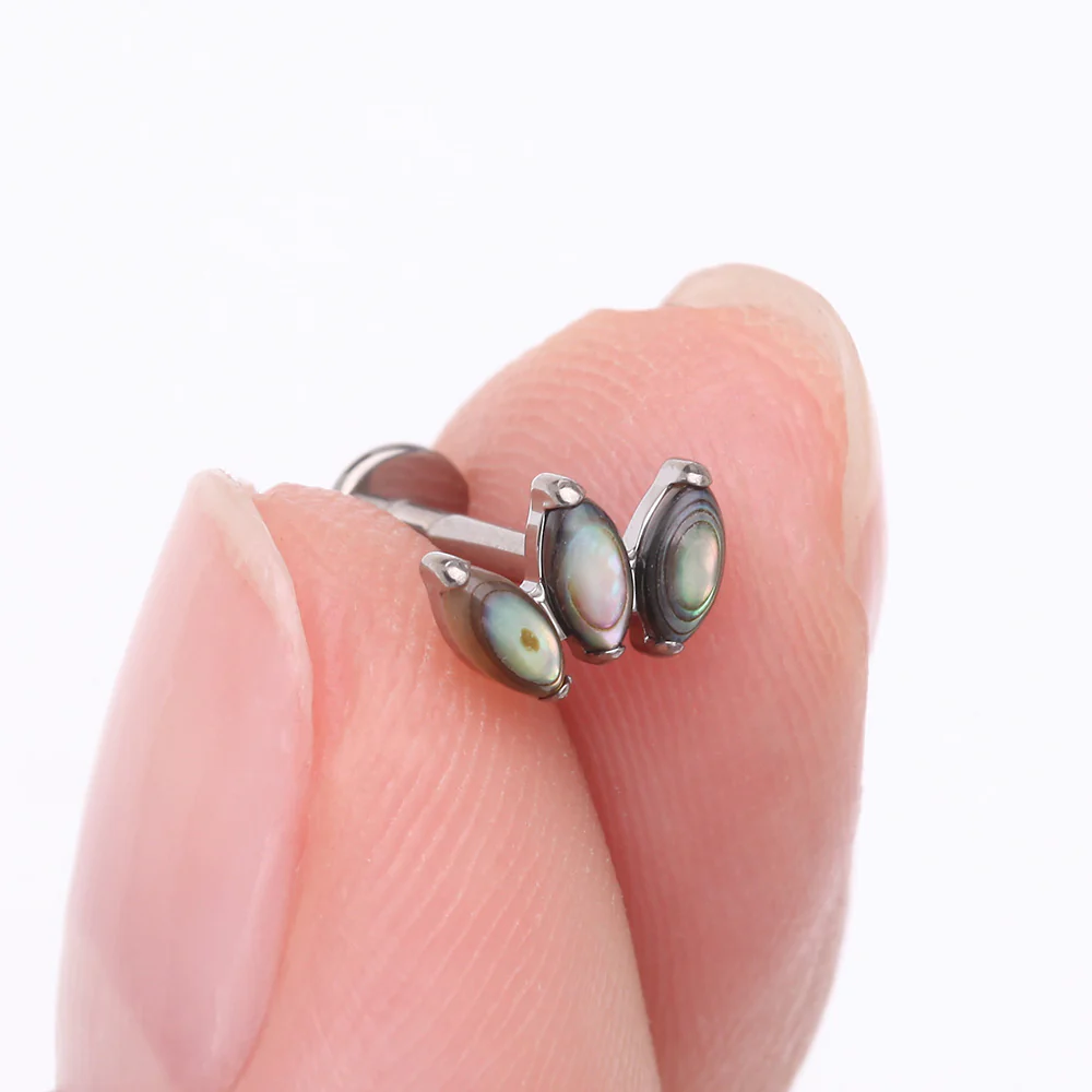 Implant Grade Titanium Triple Marquise Abalone Shell Internally Threaded Labret - Image 3