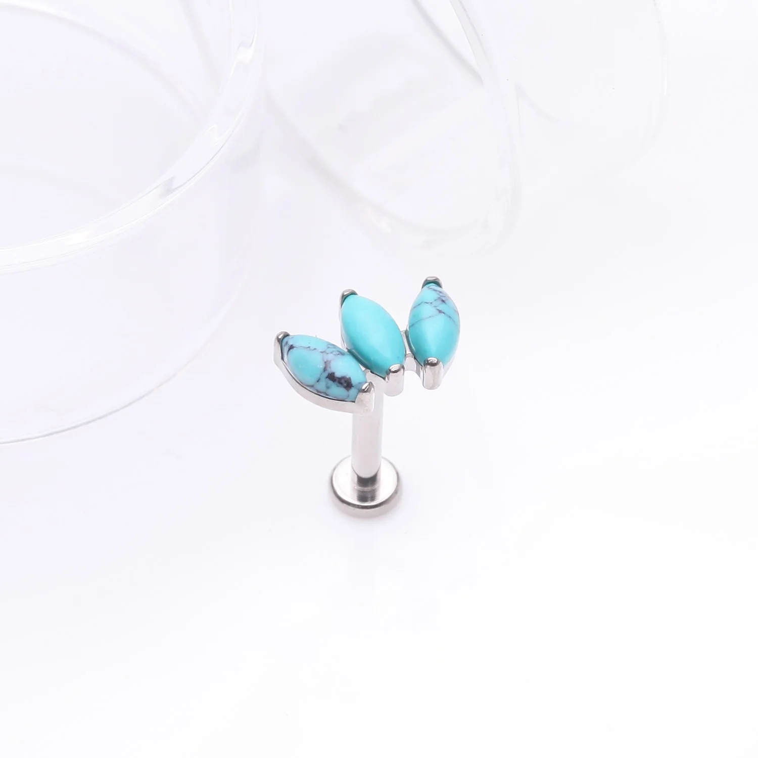 Implant Grade Titanium Triple Marquise Turquoise Stone Internally Threaded Labret - Image 2