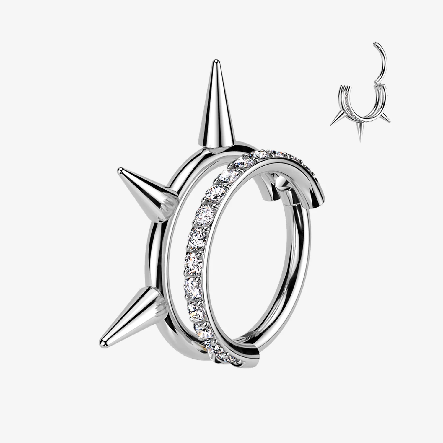 Implant Grade Titanium Triple Spike Gem Lined Clicker Hoop Ring