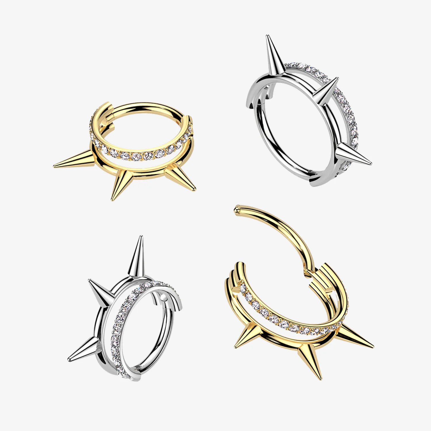 Implant Grade Titanium Triple Spike Gem Lined Clicker Hoop Ring - Image 2
