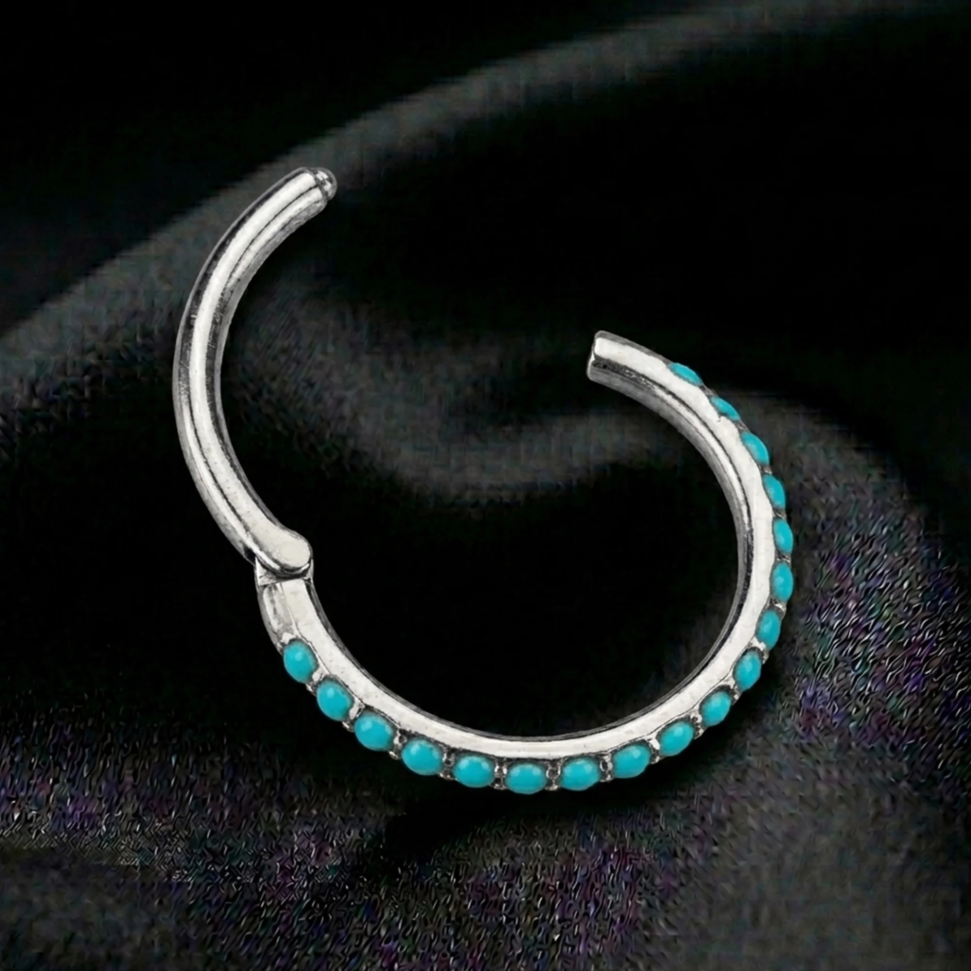 Implant Grade Titanium Turquoise Edge Lined Clicker Hoop Ring - Image 3