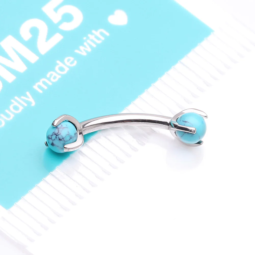 Implant Grade Titanium Turquoise Stone Ball Claw Prong Internally Threaded Curved Barbell - Image 5
