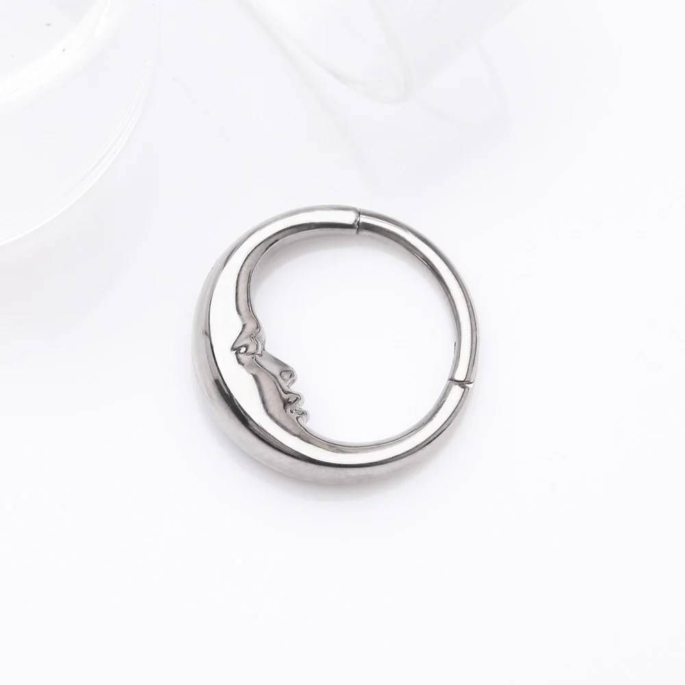 Implant Grade Titanium Vintage Crescent Moon Face Clicker Hoop Ring - Image 3