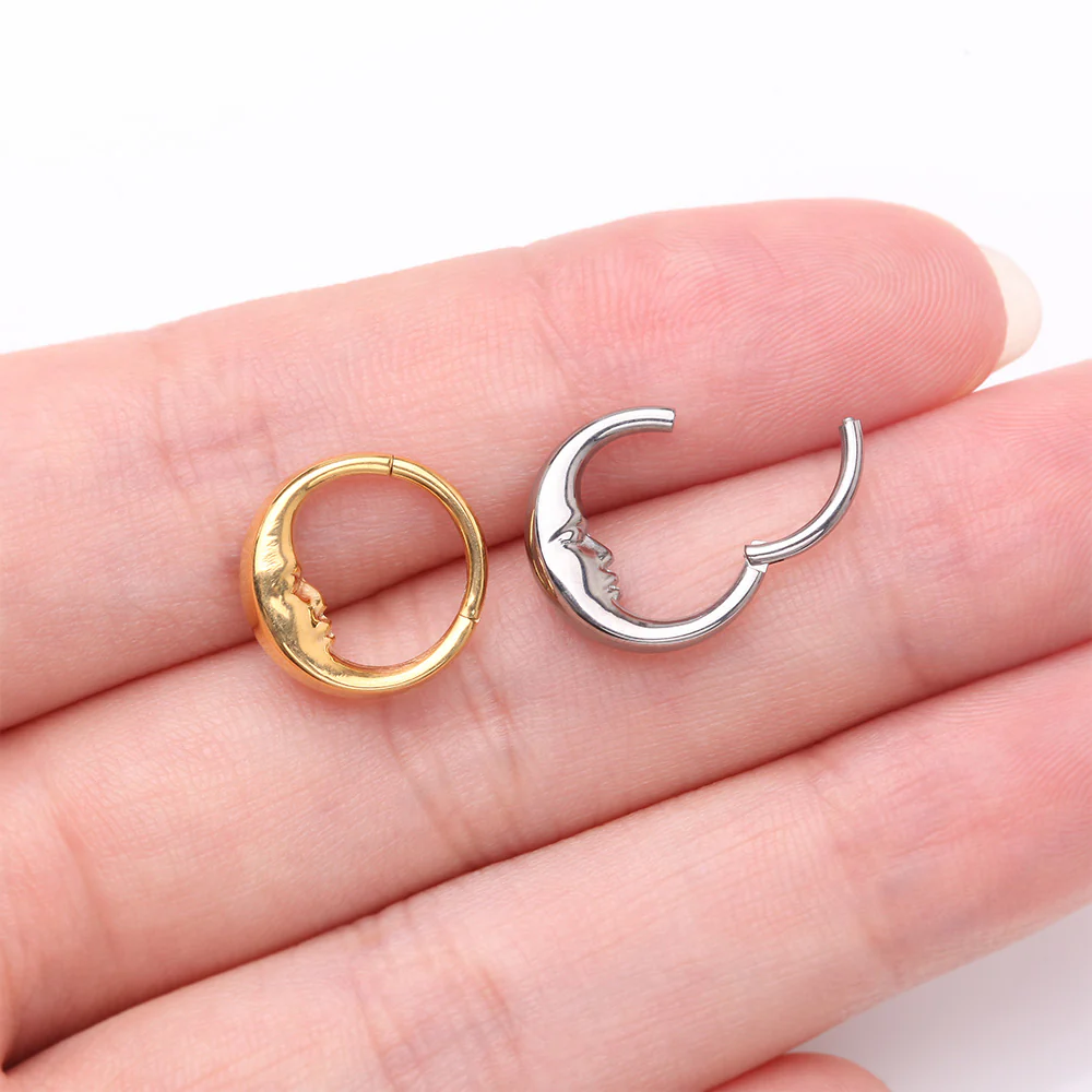 Implant Grade Titanium Vintage Crescent Moon Face Clicker Hoop Ring - Image 4