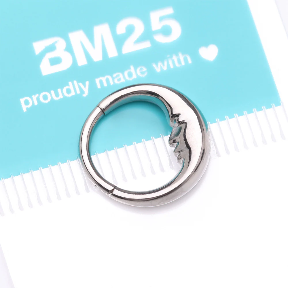Implant Grade Titanium Vintage Crescent Moon Face Clicker Hoop Ring - Image 5