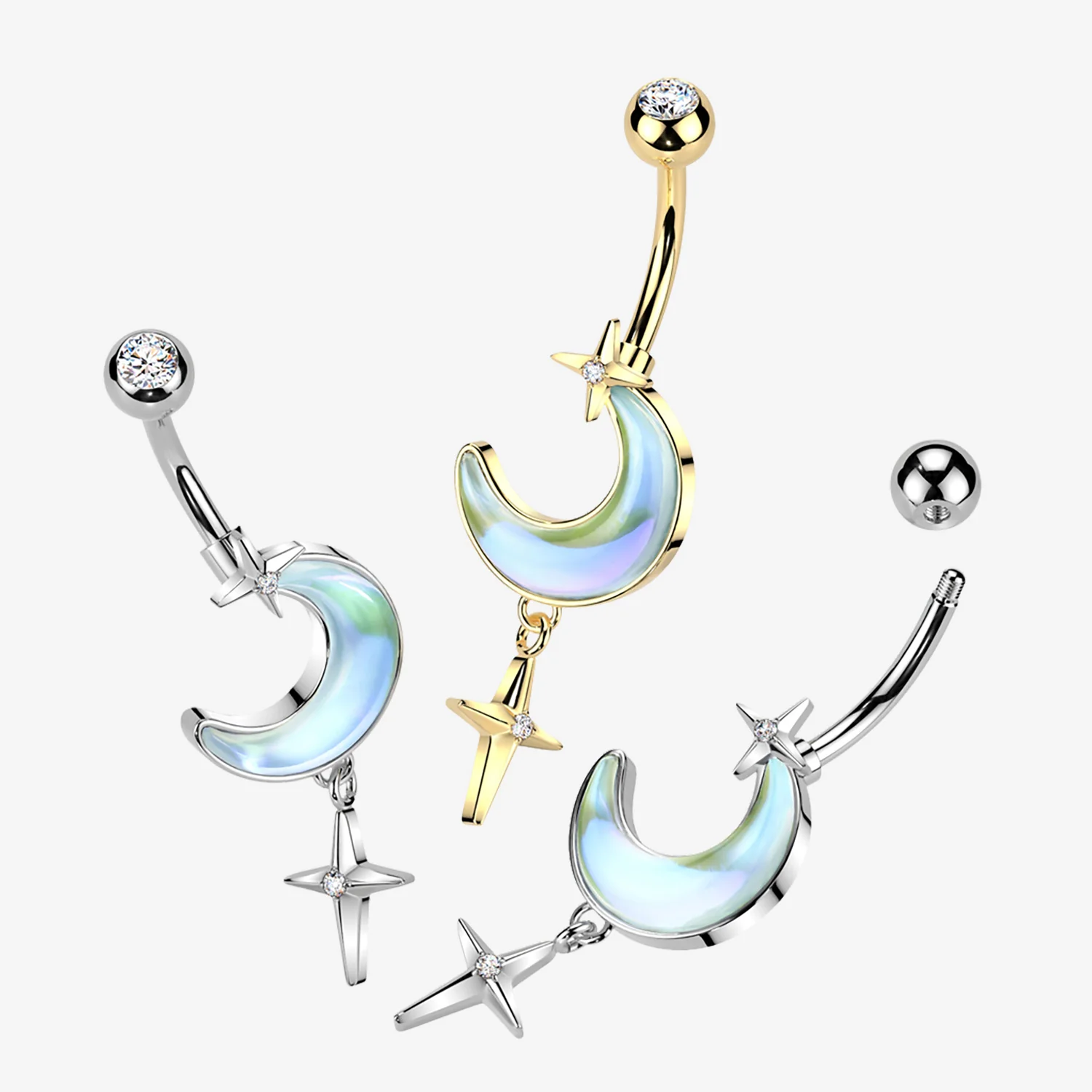 Iridescent Aurora Crescent Moon Sparkle Star Dangle Belly Button Ring - Image 2