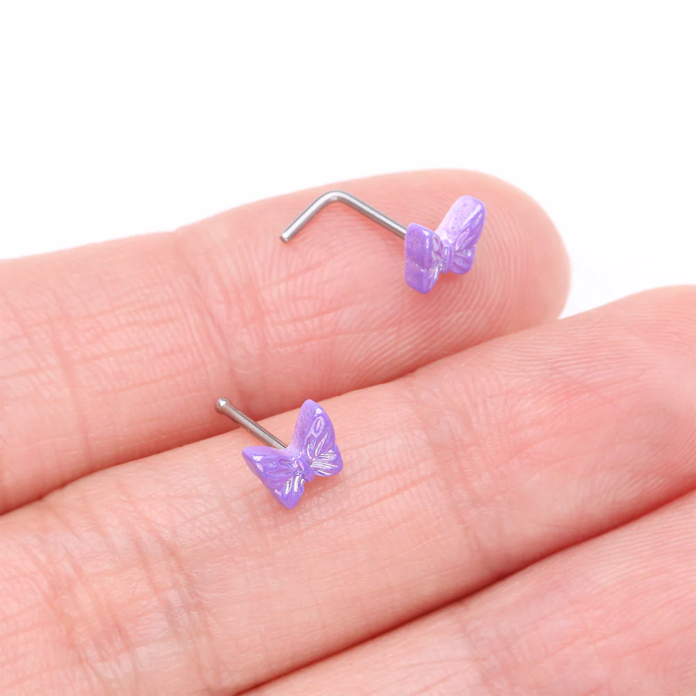 Iridescent Purple Butterfly L-Shaped Nose Ring - Image 4