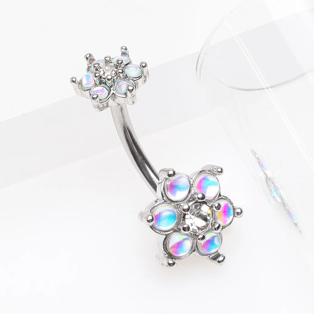 Iridescent Revo Spring Flower Sparkle Prong Set Belly Button Ring - Image 3