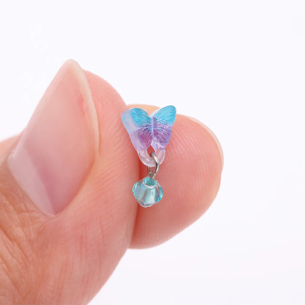 Kawaii Pop Blurple Butterfly Sparkle Dangle Nose Stud Ring - Image 3