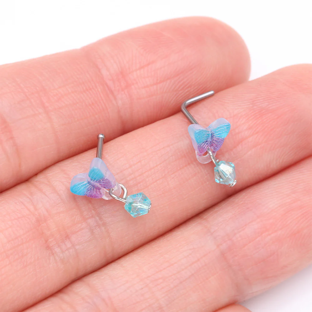 Kawaii Pop Blurple Butterfly Sparkle Dangle Nose Stud Ring - Image 4