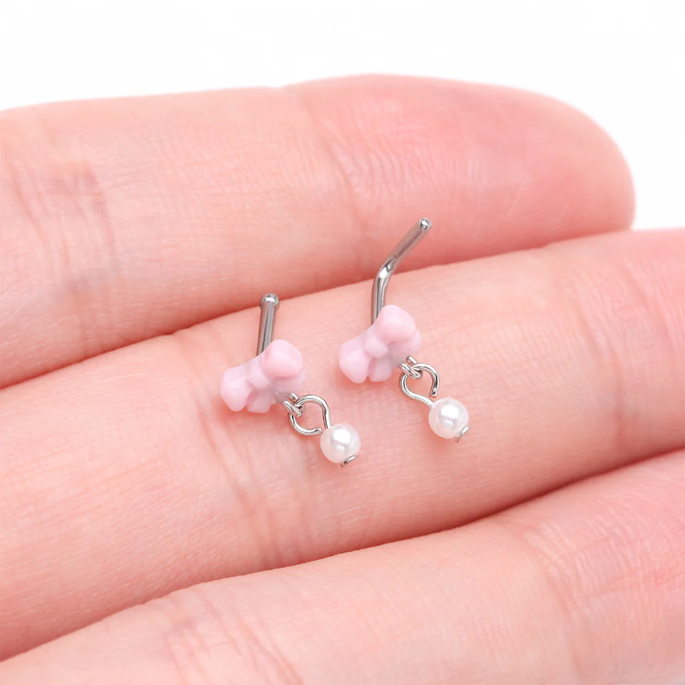 Kawaii Pop Fluffy Bow-Tie Pearlescent Dangle Nose Stud Ring - Image 4