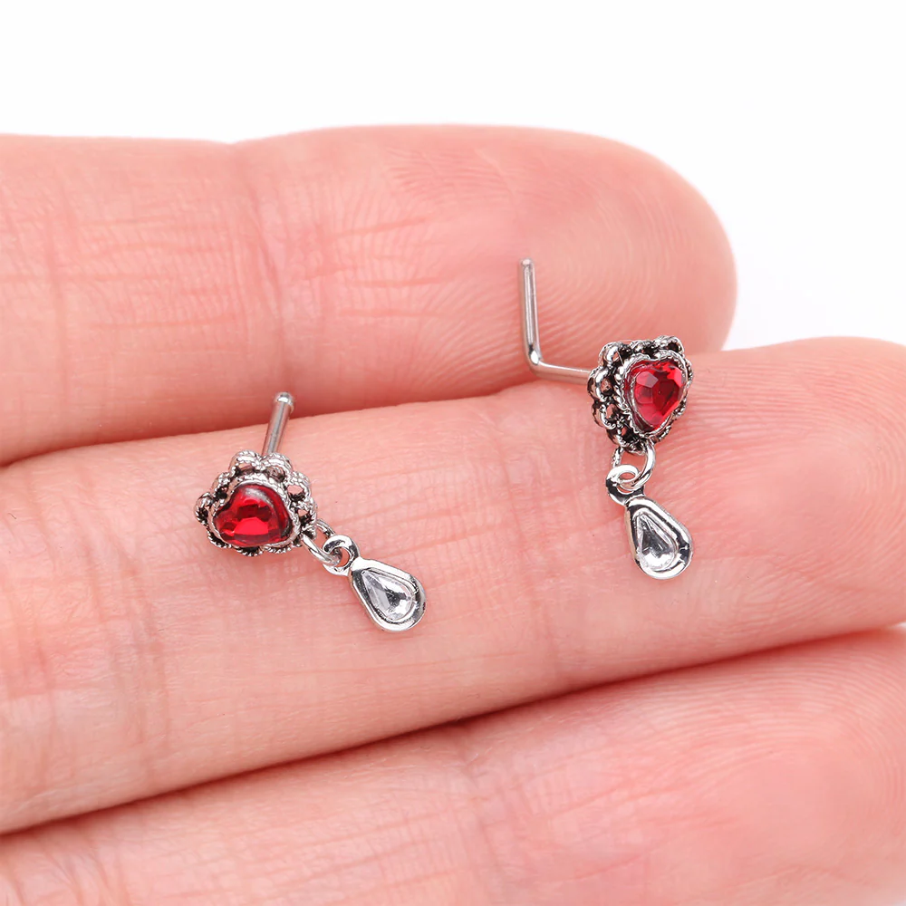 Lacey Heart Filigree Sparkle Dangle L-Shaped Nose Ring - Image 4