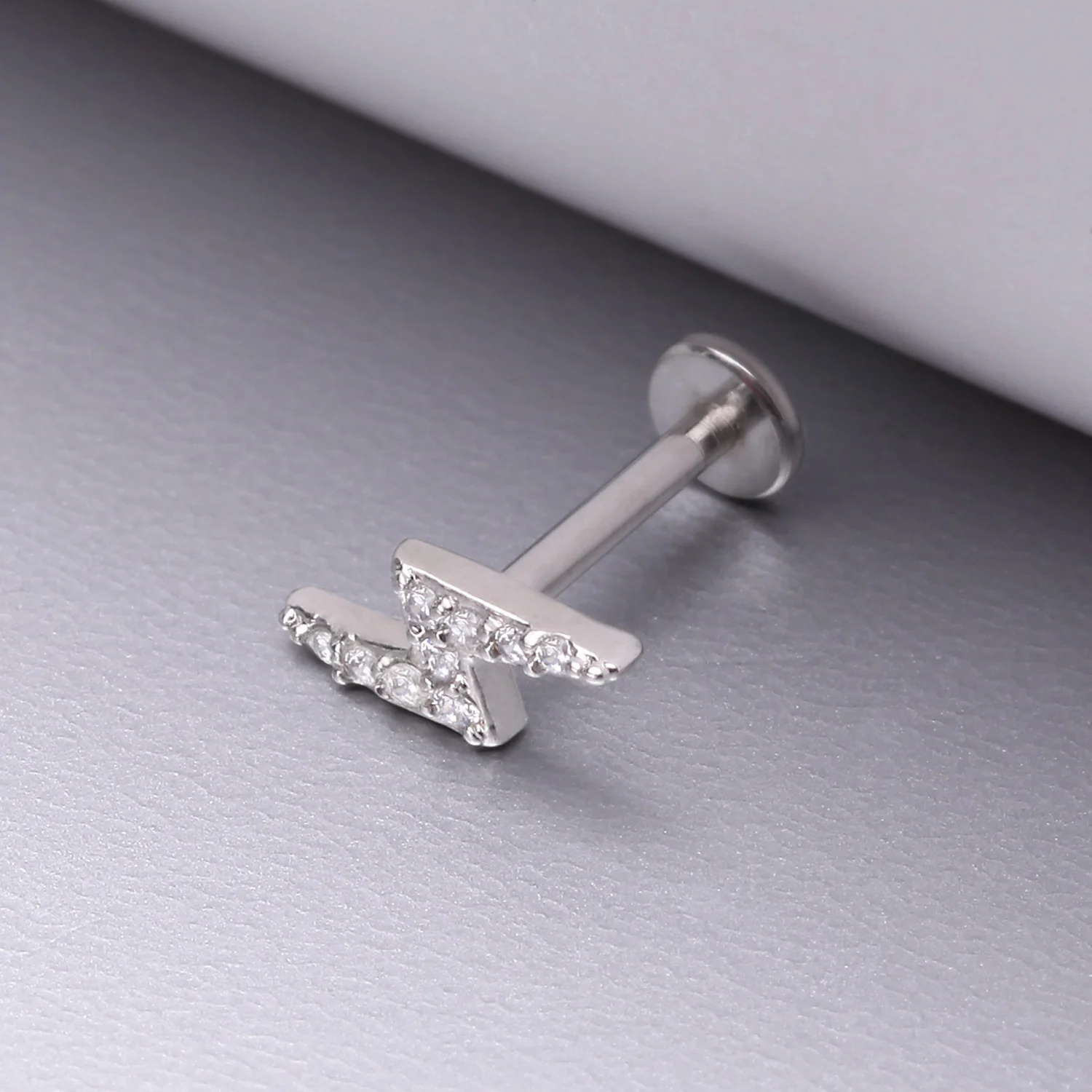 Lightning Bolt Sparkle Top Internally Threaded Steel Flat Back Stud Labret - Image 2