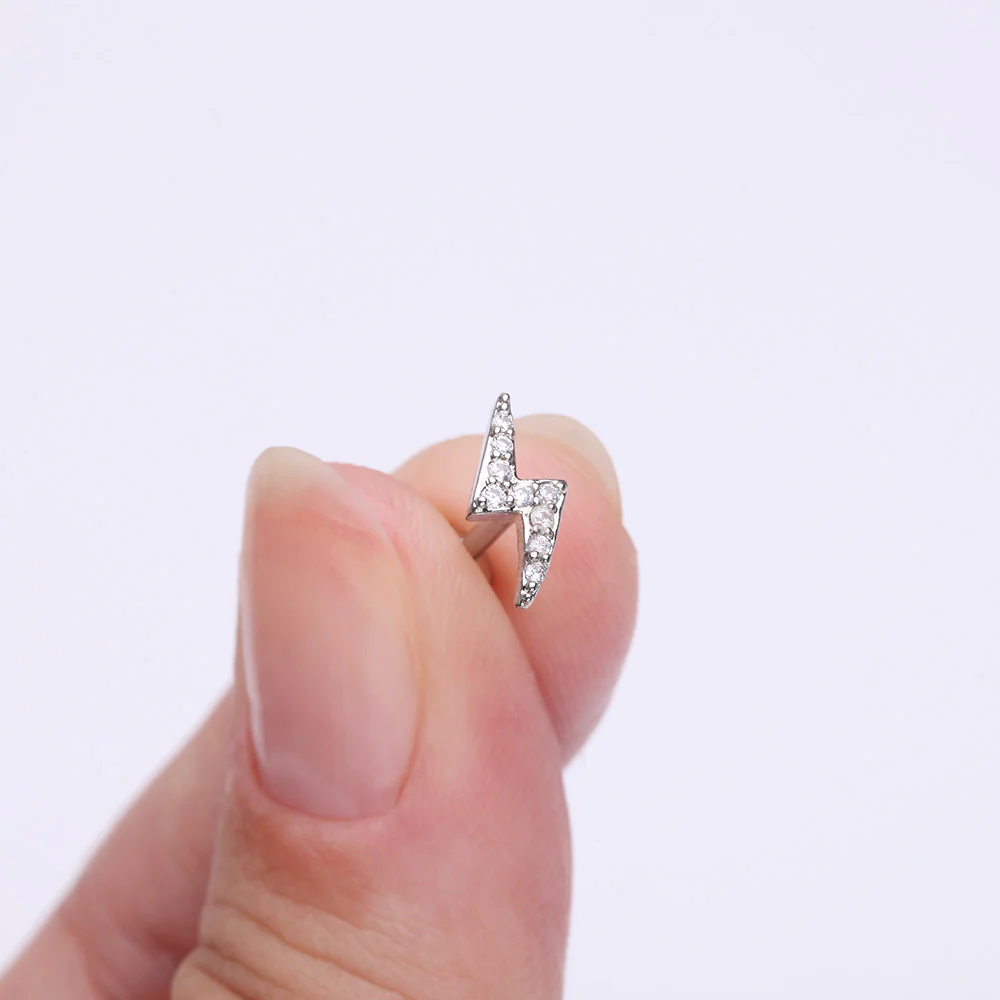 Lightning Bolt Sparkle Top Internally Threaded Steel Flat Back Stud Labret - Image 3