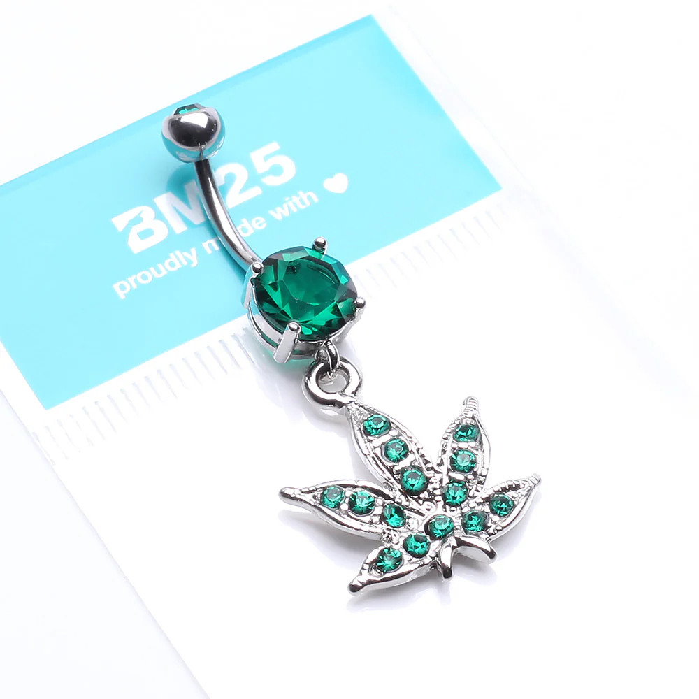 Marijuana Leaf Sparkle Belly Button Ring - Image 5