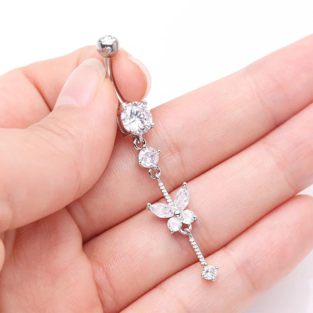 Marquise Butterfly Gem Sparkle Dangle Elegance Belly Button Ring - Image 4