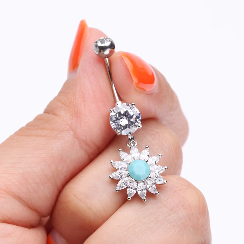 Marquise Sparkle Rays Turquoise Flower Belly Button Ring - Image 4
