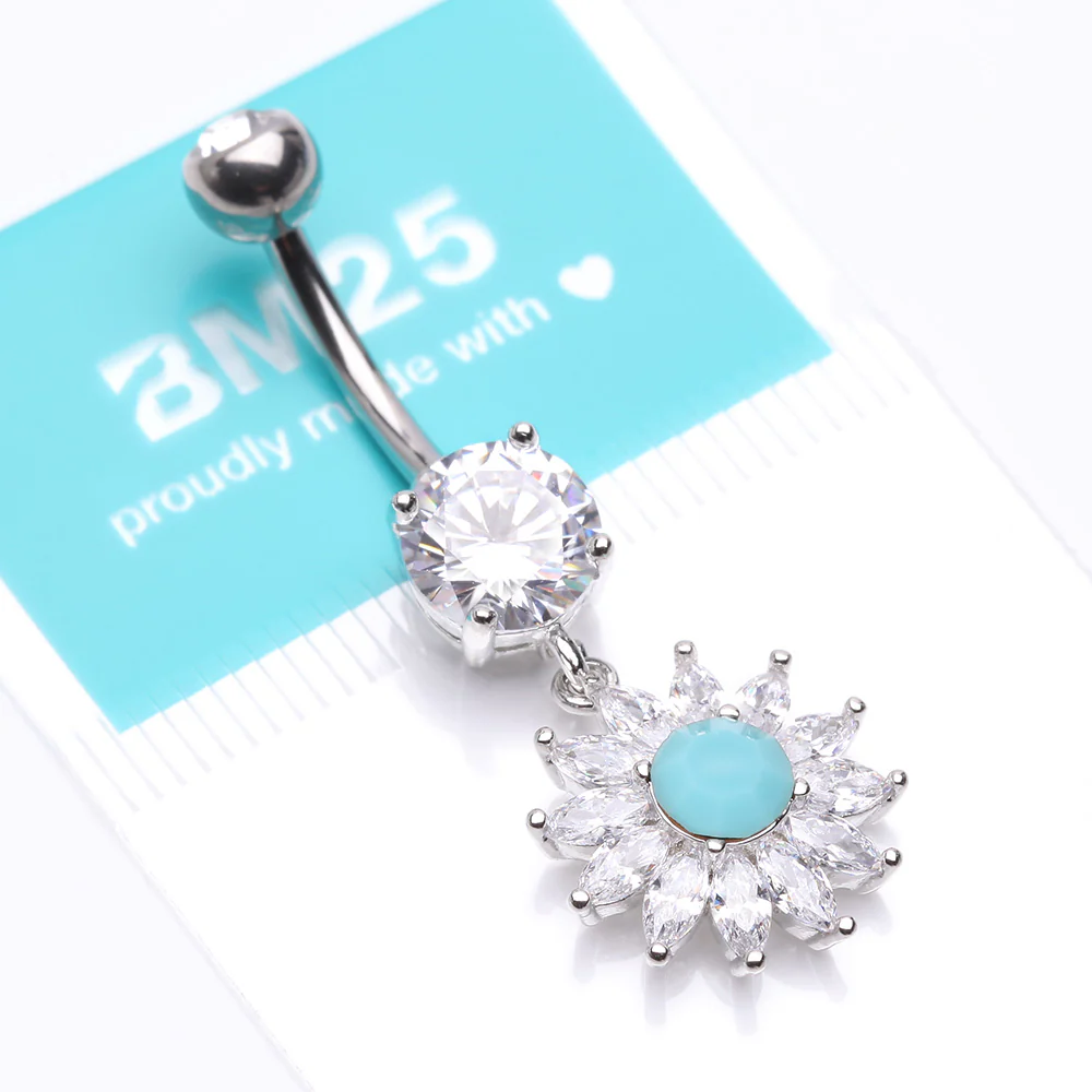 Marquise Sparkle Rays Turquoise Flower Belly Button Ring - Image 5