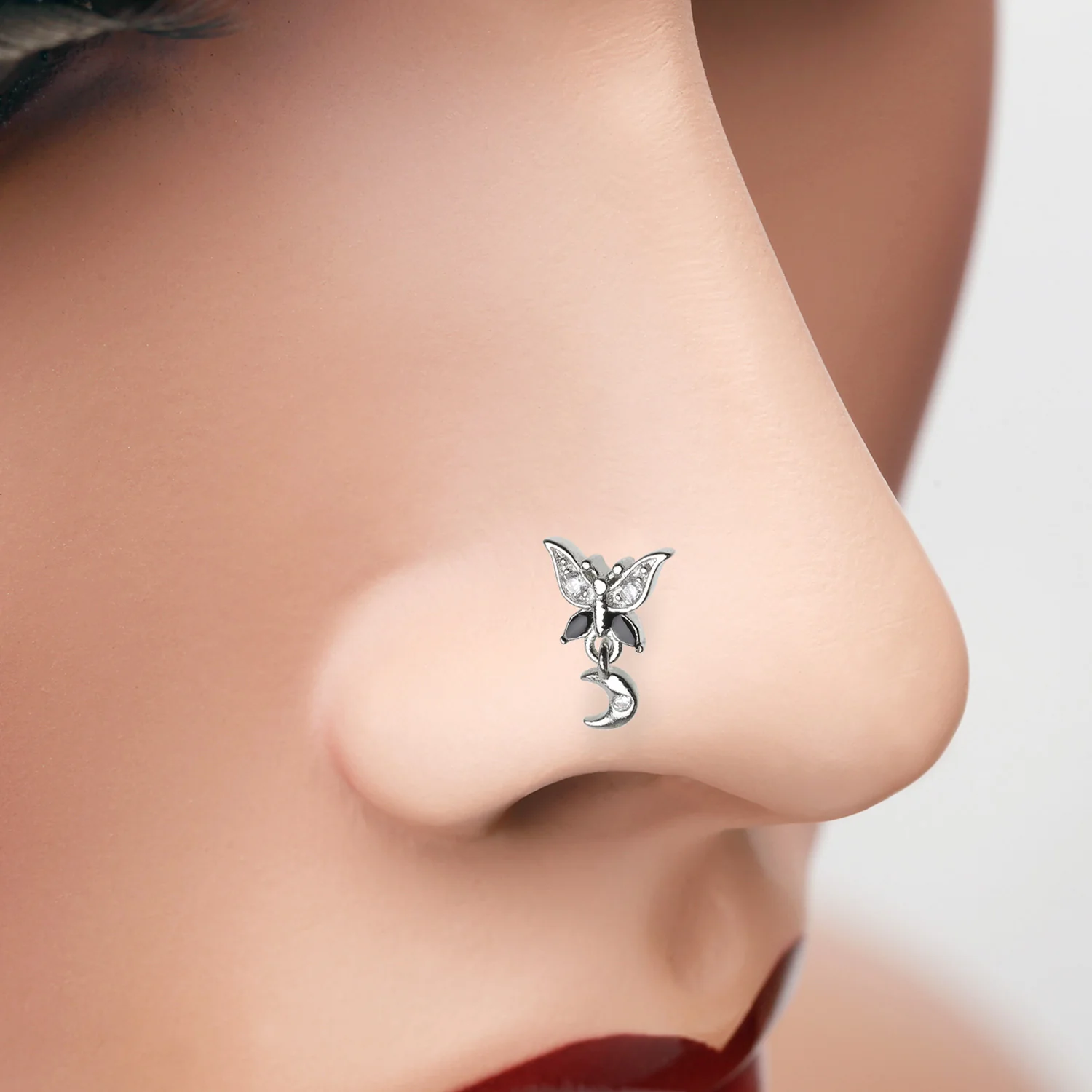 Midnight Butterfly Sparkle Crescent Moon Dangle L-Shaped Nose Ring - Image 2