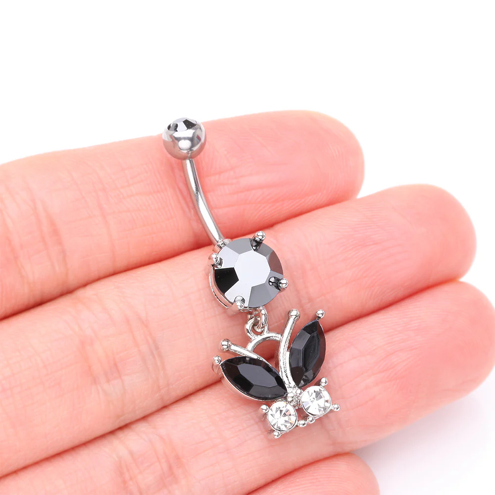 Midnight Butterfly Sparkle Dangle Belly Button Ring - Image 4
