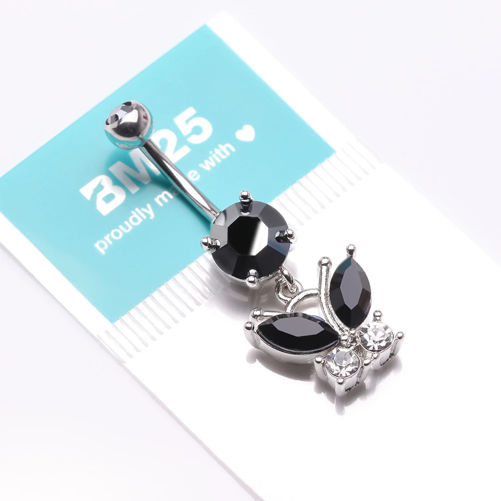 Midnight Butterfly Sparkle Dangle Belly Button Ring - Image 5