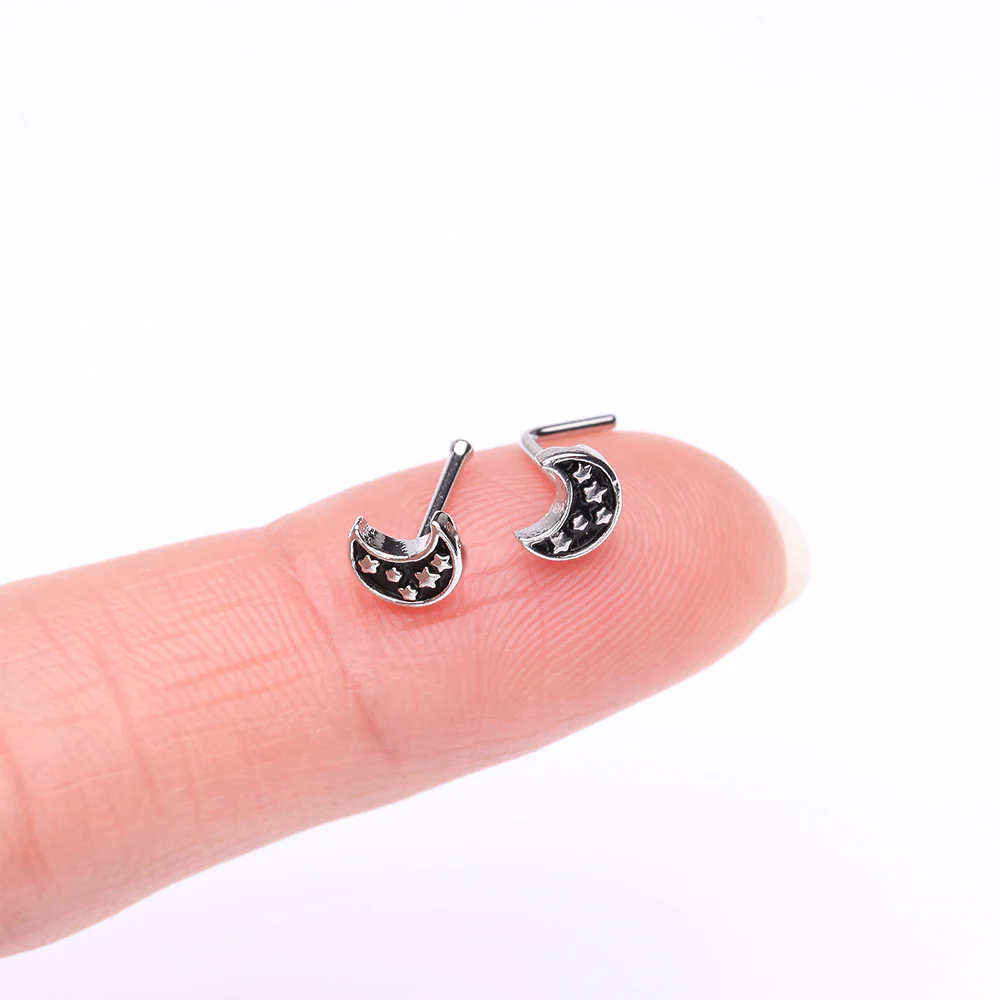 Midnight Crescent Moon Inner Stars L-Shaped Nose Ring - Image 3