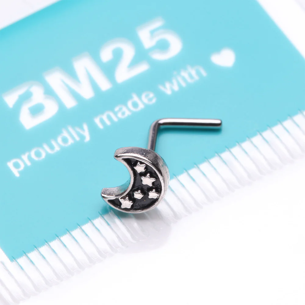 Midnight Crescent Moon Inner Stars L-Shaped Nose Ring - Image 4