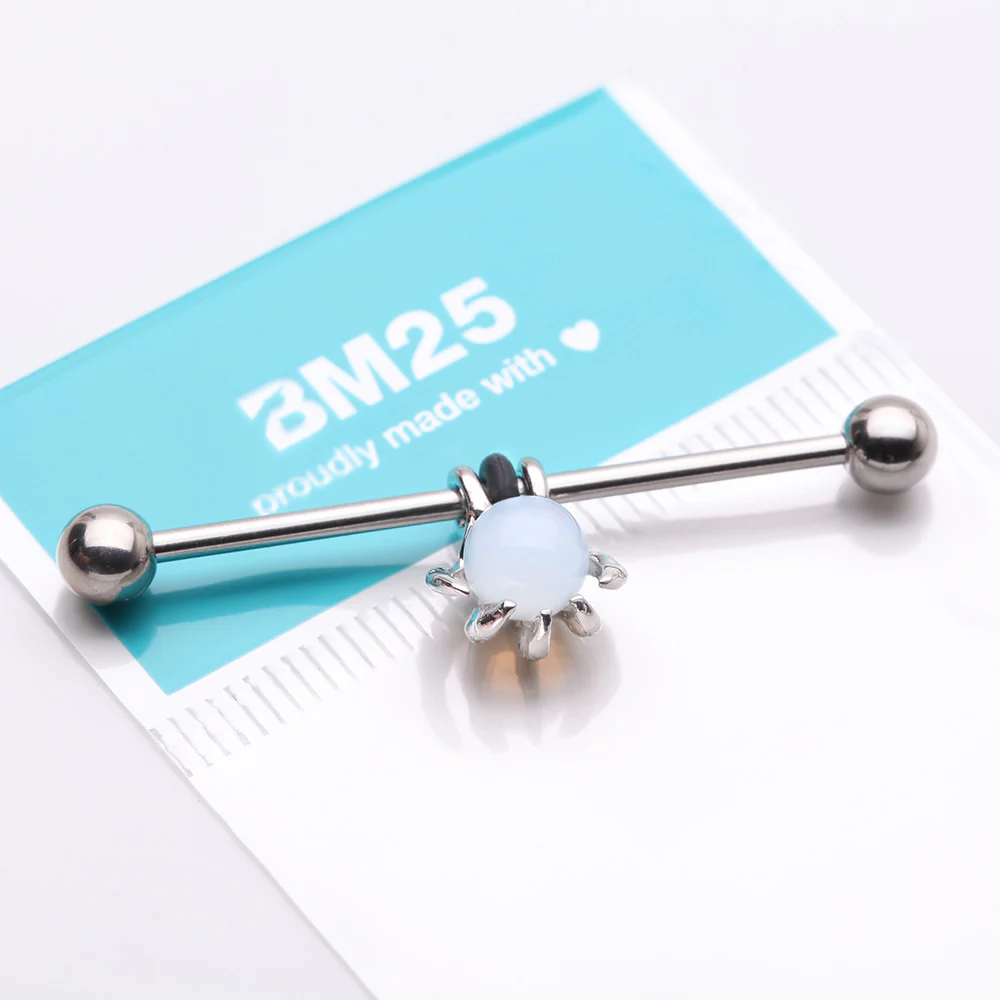 Moonstone Orb Shine Skeleton Hand Industrial Barbell - Image 5