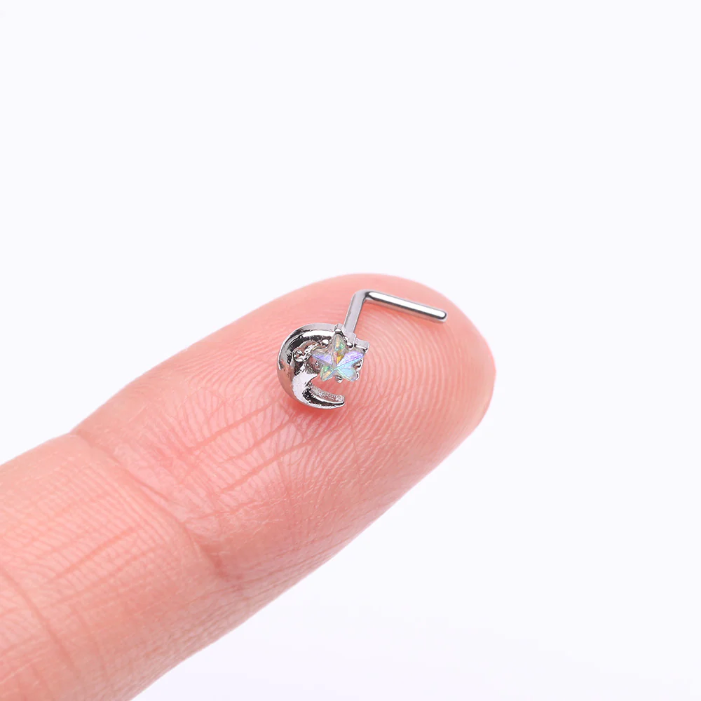 Nighty Night Crescent Moon Sparkle Star L-Shaped Nose Ring - Image 3