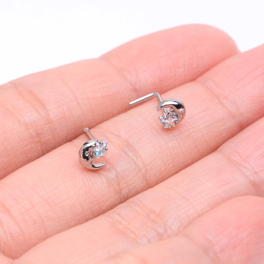 Nighty Night Crescent Moon Sparkle Star L-Shaped Nose Ring - Image 4