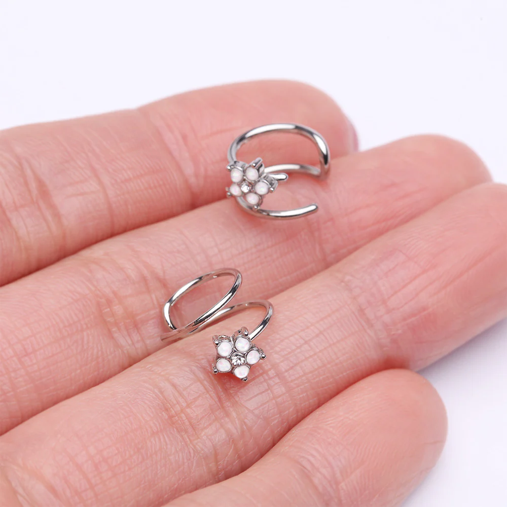 Opalescent Sparkle Flower Double Hoop Non-Piercing Cartilage Helix Ear Clip Cuff - Image 4