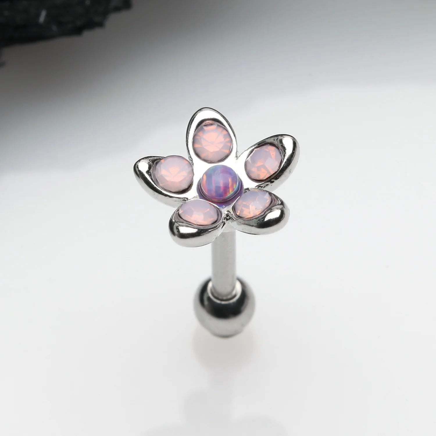 Opalite Delight Fire Opal Flower Cartilage Tragus Barbell Earring - Image 2