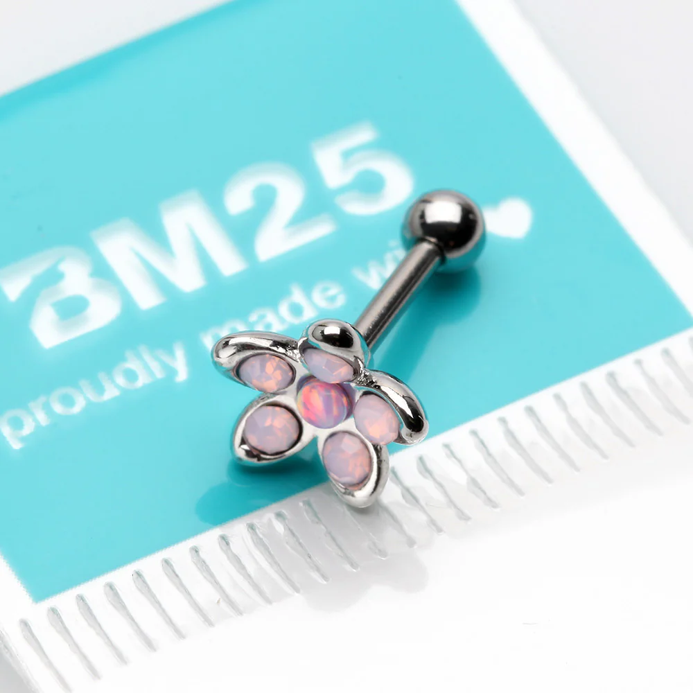 Opalite Delight Fire Opal Flower Cartilage Tragus Barbell Earring - Image 3