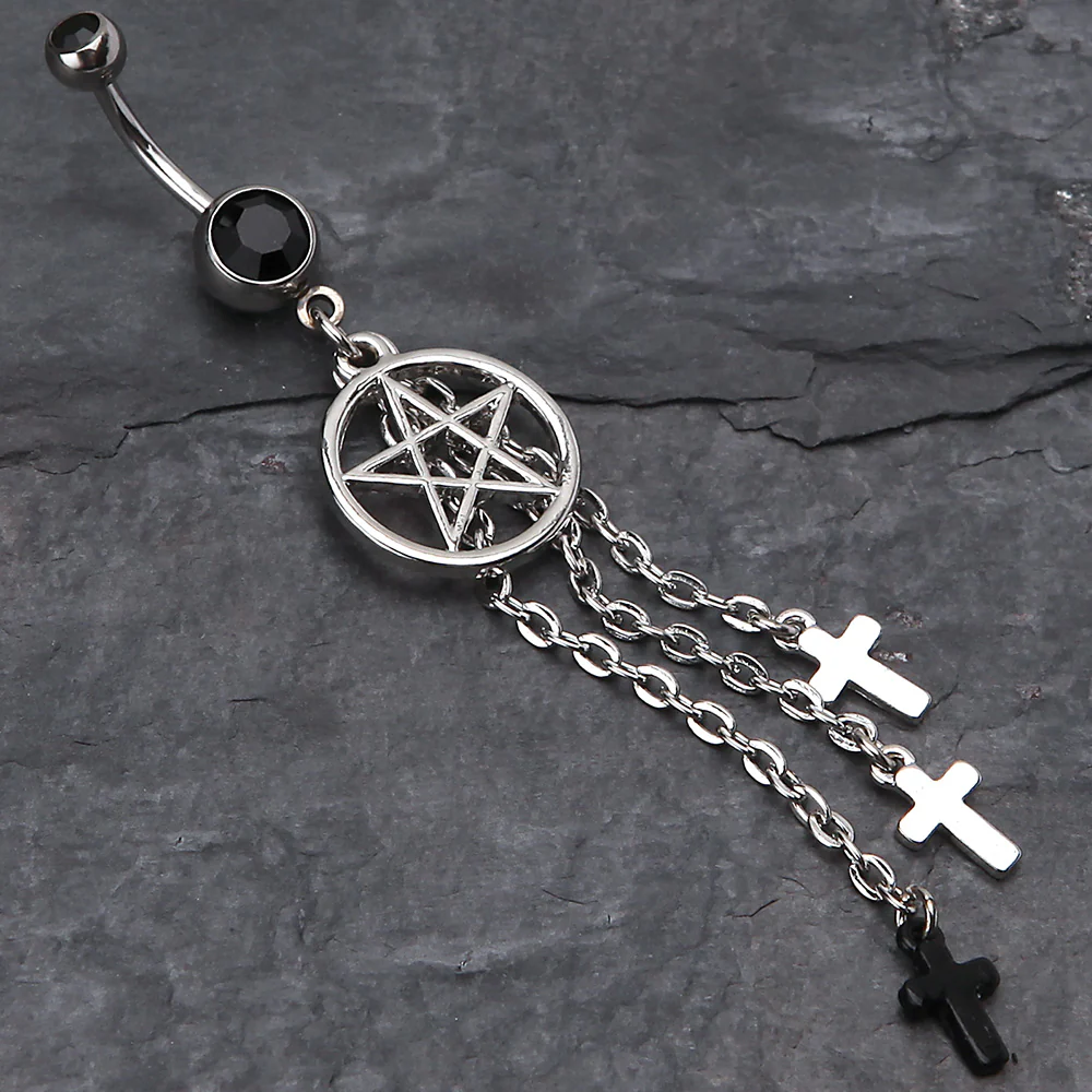 Pentagram Triple Cross Charm Dangle Belly Ring - Image 3