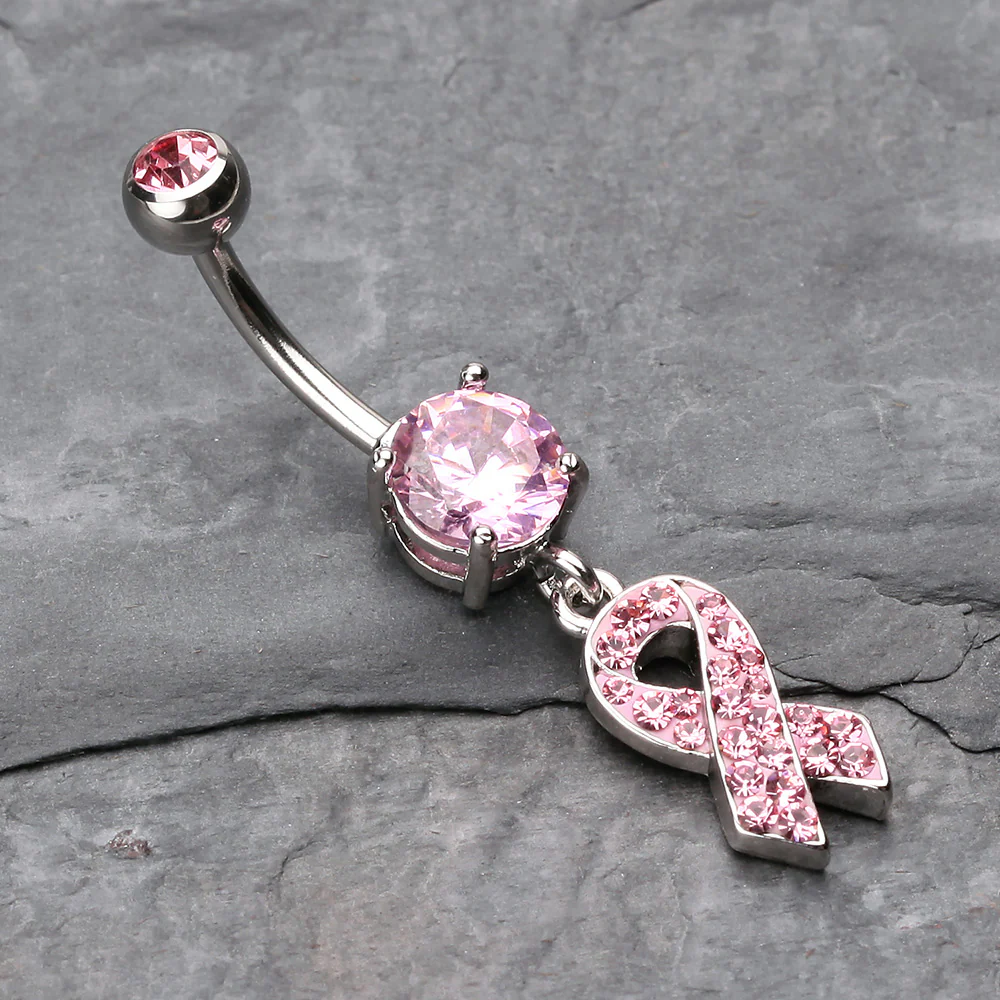 Pink Awareness Ribbon Multi-Gem Sparkle Dangle Belly Button Ring - Image 3