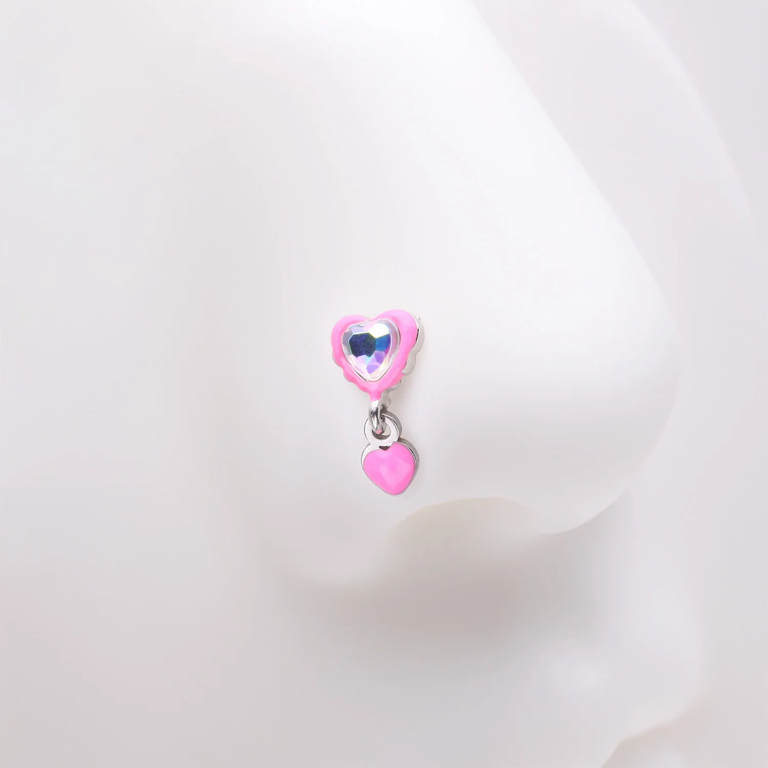 Pink Power Iridescent Puffy Heart Dangle Nose Stud Ring - Image 2