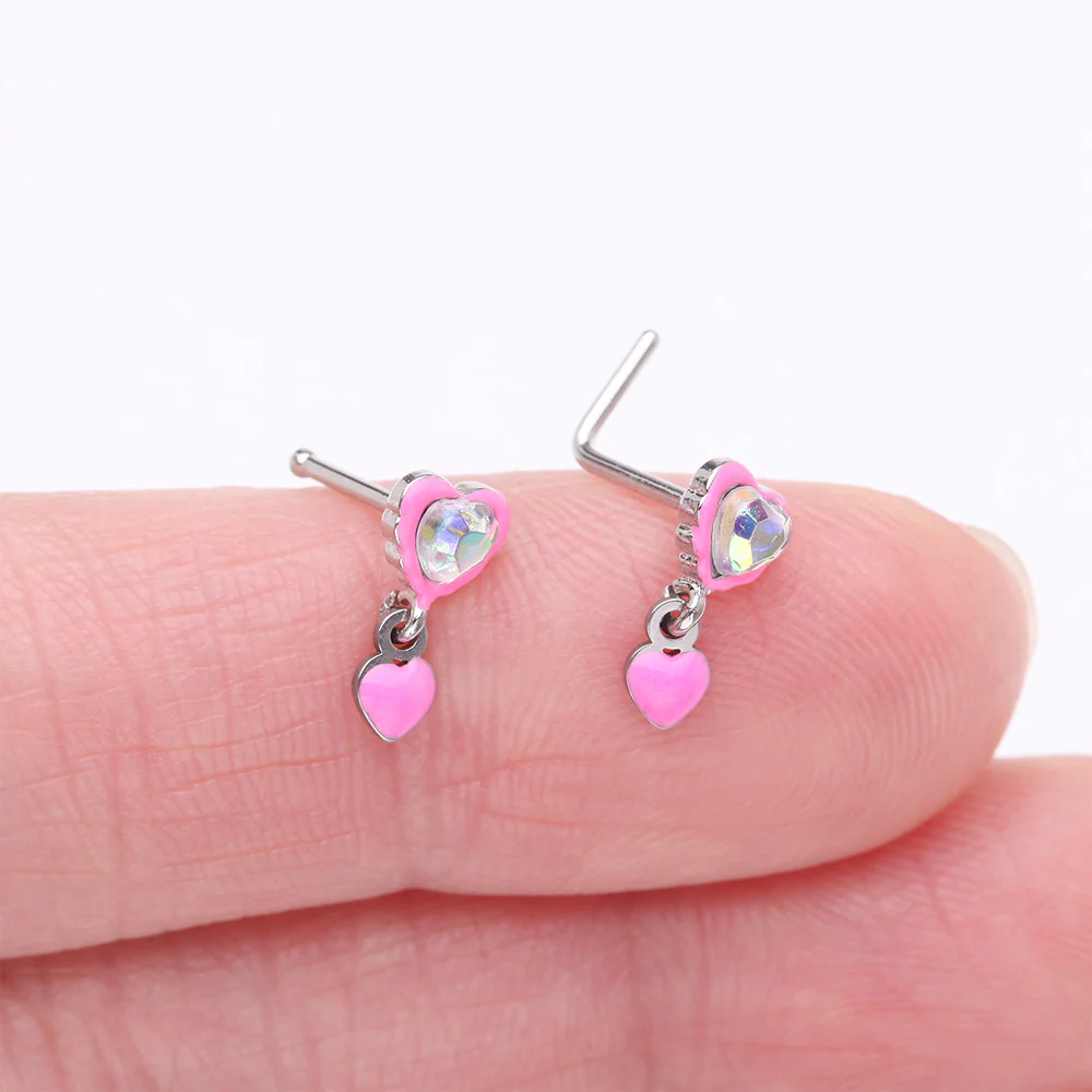 Pink Power Iridescent Puffy Heart Dangle Nose Stud Ring - Image 4