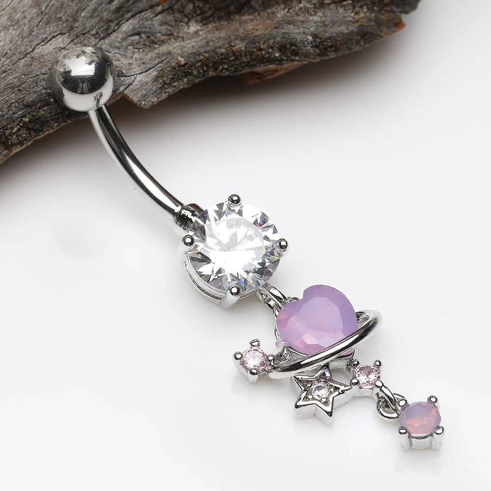 Planet Heart Sparkle Orbital Dangle Belly Button Ring - Image 3