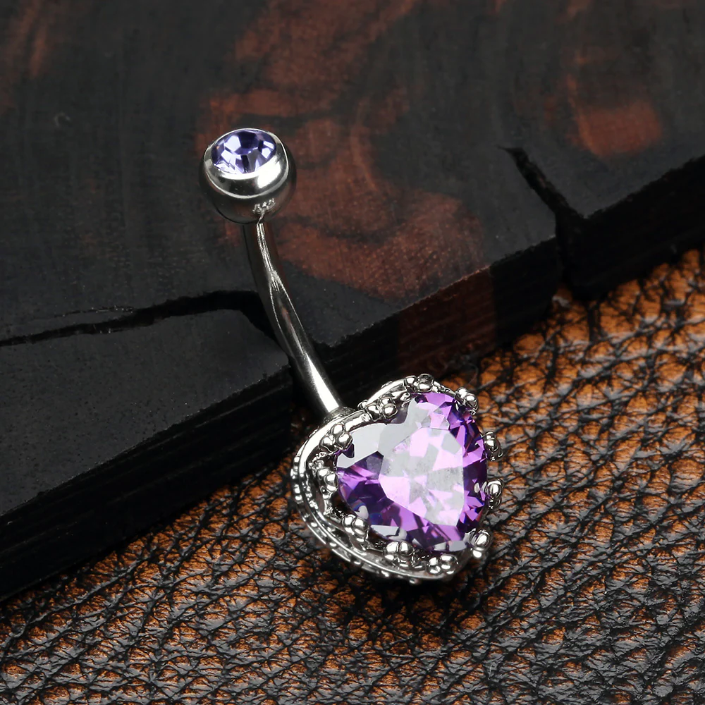 Princess Crown Prong Heart Sparkle Belly Button Ring - Image 3