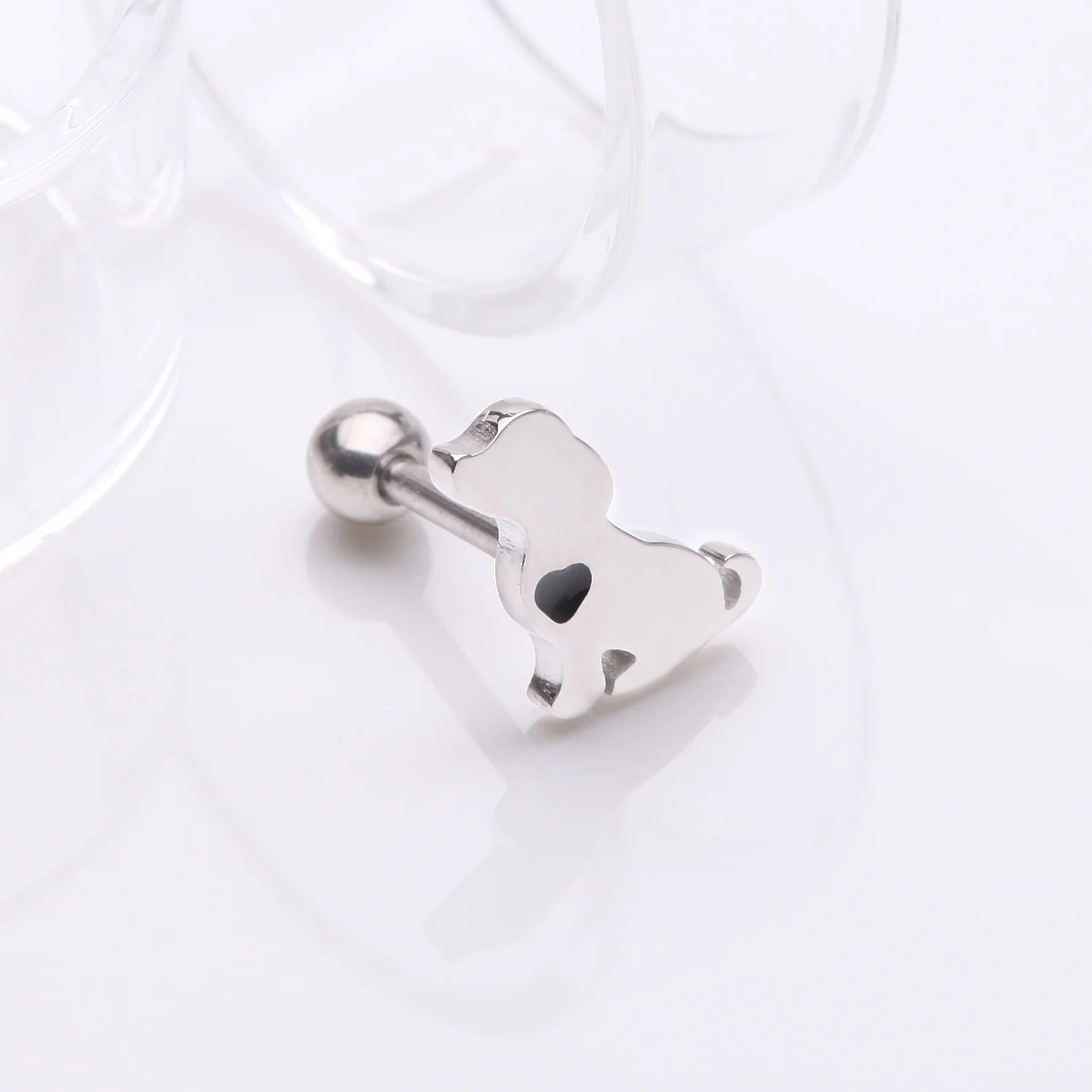 Puppy Dog with Black Heart Accent Cartilage Tragus Barbell Stud - Image 2