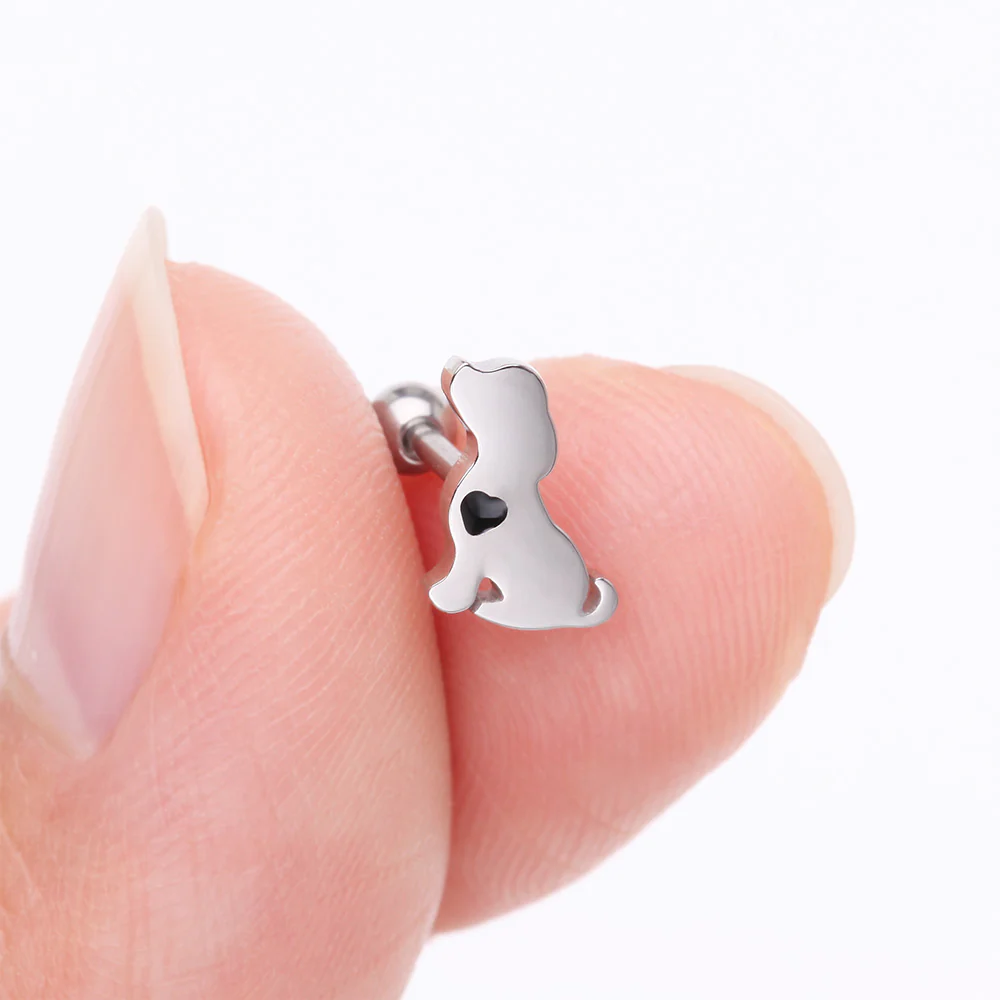 Puppy Dog with Black Heart Accent Cartilage Tragus Barbell Stud - Image 3