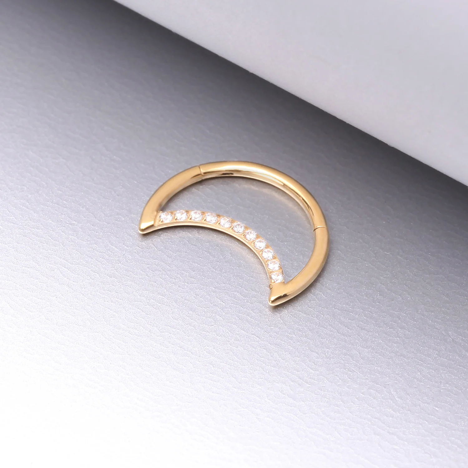 Pure24K Implant Grade Titanium Gem Lined Crescent Moon Seamless Clicker Hoop Ring - Image 2