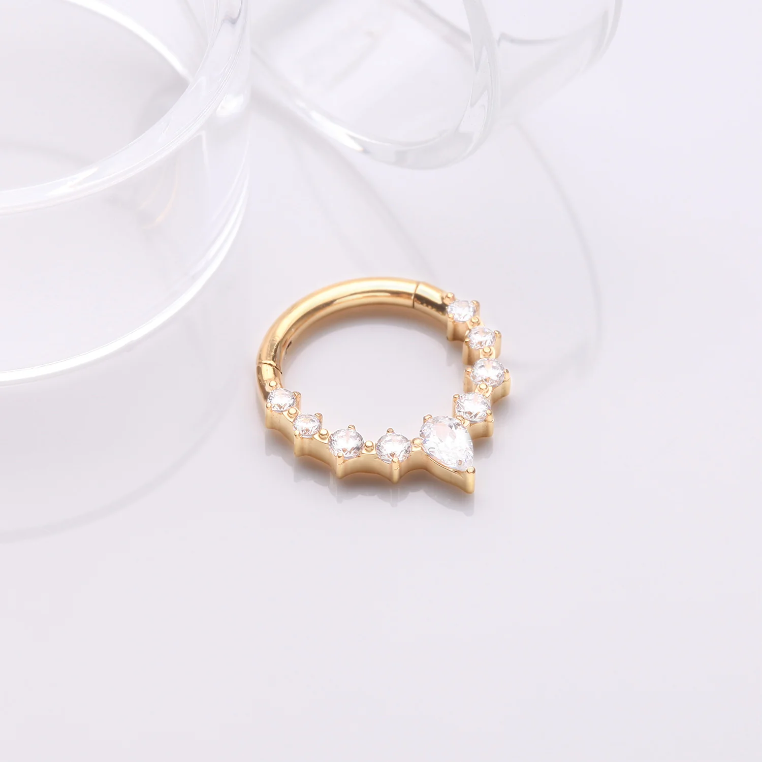 Pure24K Implant Grade Titanium Goddess Prong Teardrop Sparkle Clicker Hoop Ring - Image 2