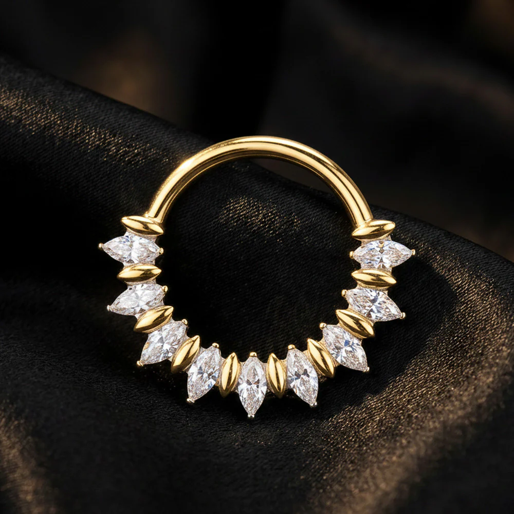 Pure24K Implant Grade Titanium Moissanite Sparkle Marquise Floral Clicker Hoop Ring - Image 3