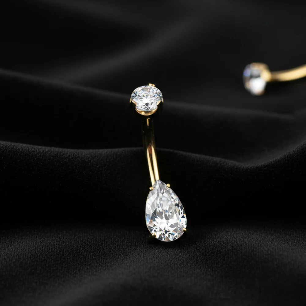 Pure24K Implant Grade Titanium Moissanite Teardrop Sparkle Internally Threaded Belly Button Ring - Image 3