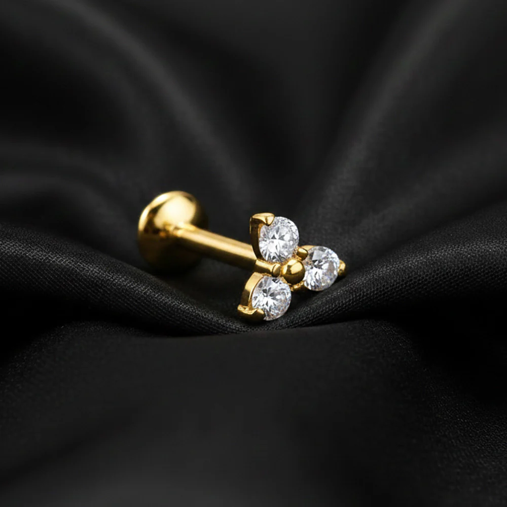 Pure24K Implant Grade Titanium OneFit Threadless Moissanite Trinity Sparkle Flat Back Labret Stud - Image 3