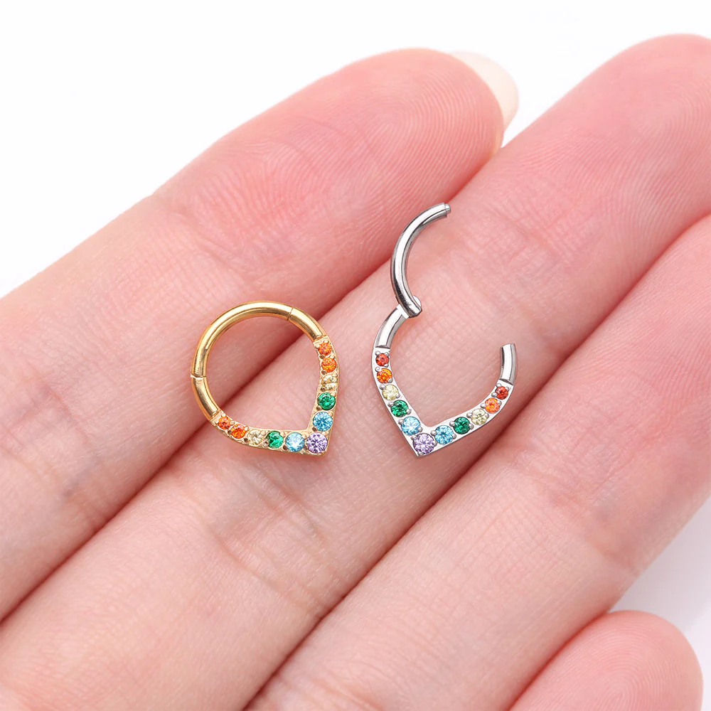 Pure24K Implant Grade Titanium Sparkle Chevron Teardrop Clicker Hoop Ring - Image 4
