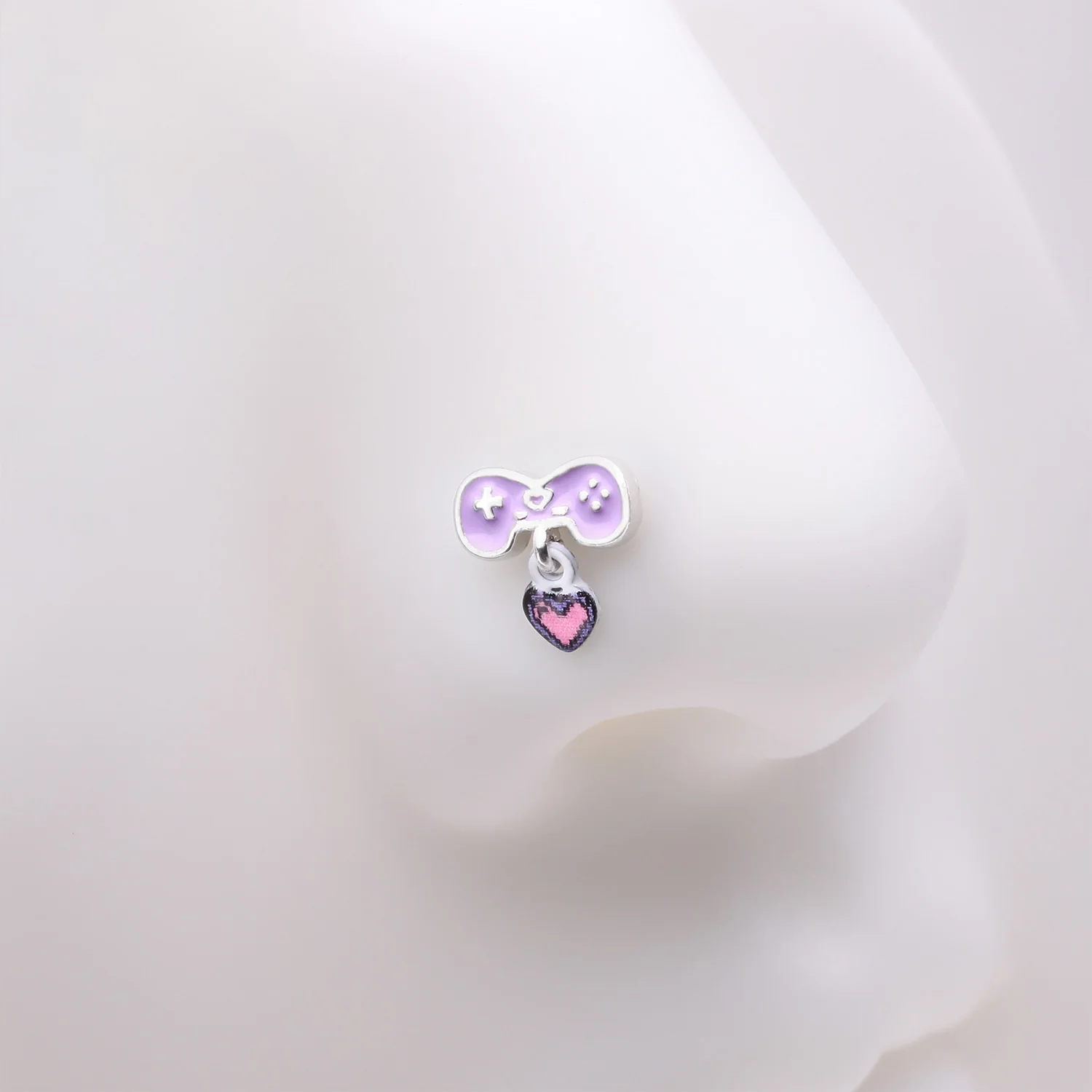 Retro Gamer Controller 8-Bit Pixel Heart Dangle L-Shaped Nose Ring - Image 2