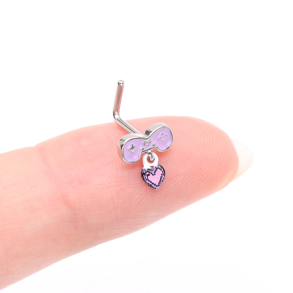 Retro Gamer Controller 8-Bit Pixel Heart Dangle L-Shaped Nose Ring - Image 3