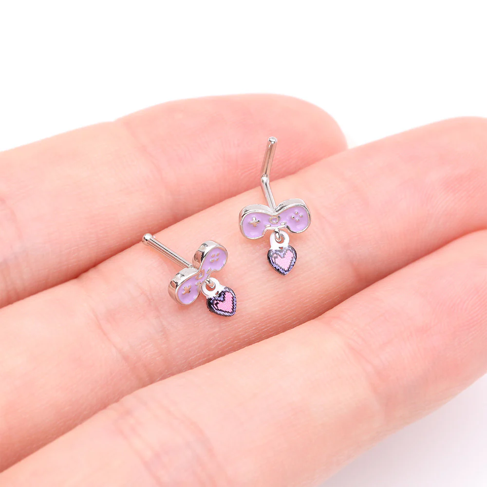 Retro Gamer Controller 8-Bit Pixel Heart Dangle L-Shaped Nose Ring - Image 4